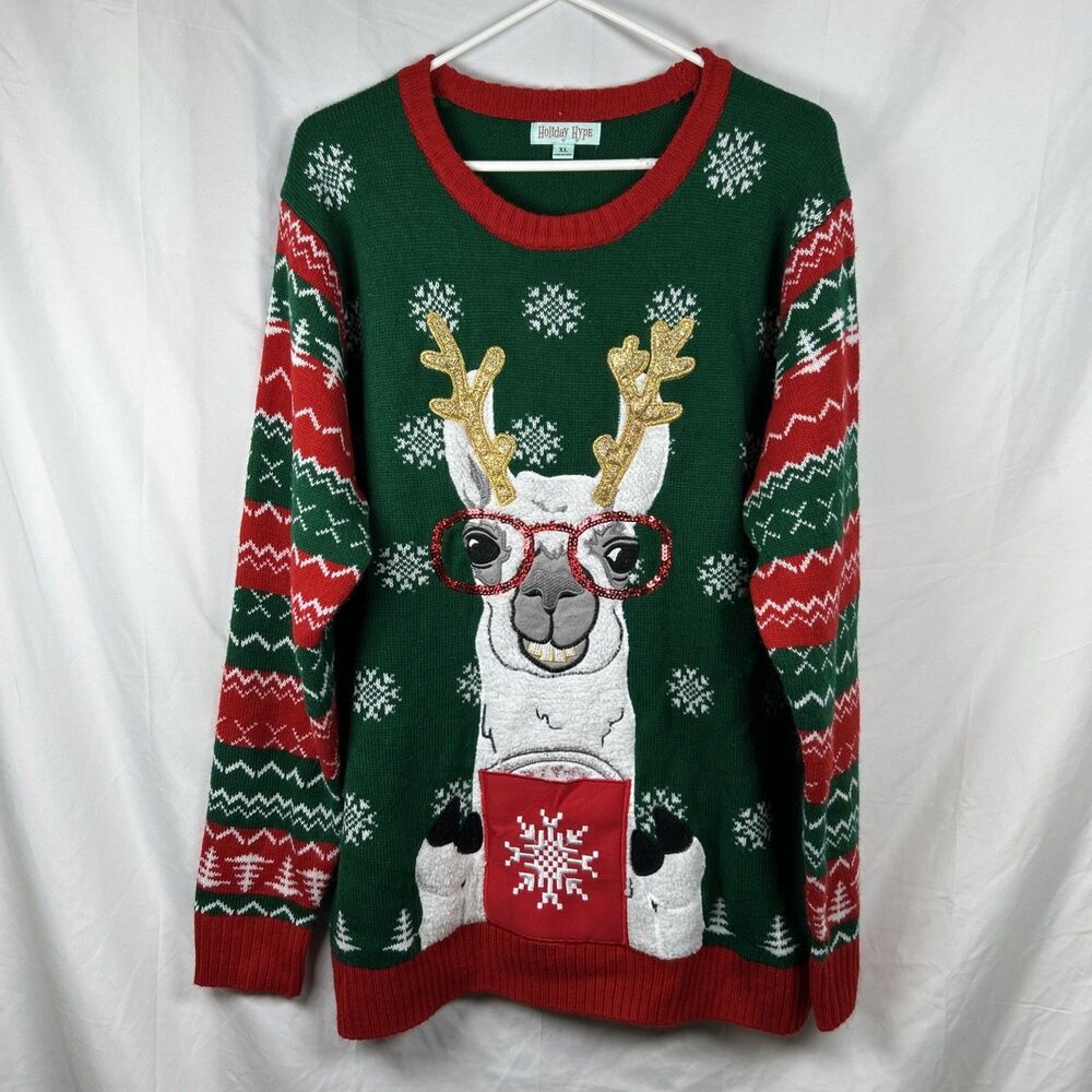 Holiday Hype Ugly Christmas Sweater XL Llama Gold Antlers Red Sequin Glasses